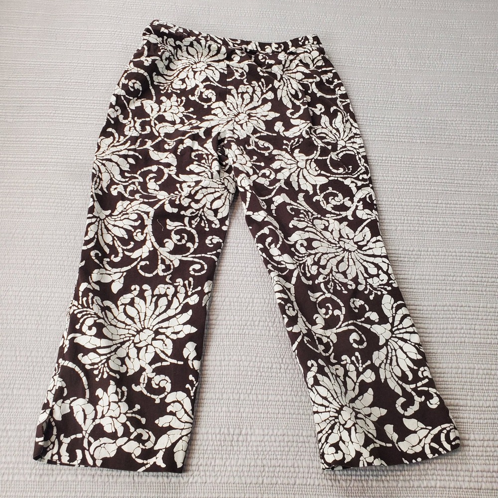 Chico's Cropped Pants Womens Size 1 Brown White Floral Print Side Zip Cotton